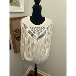 Reba XL White Fringe Pullover Sweater Crochet V-Neck Detail Coastal Cowgirl